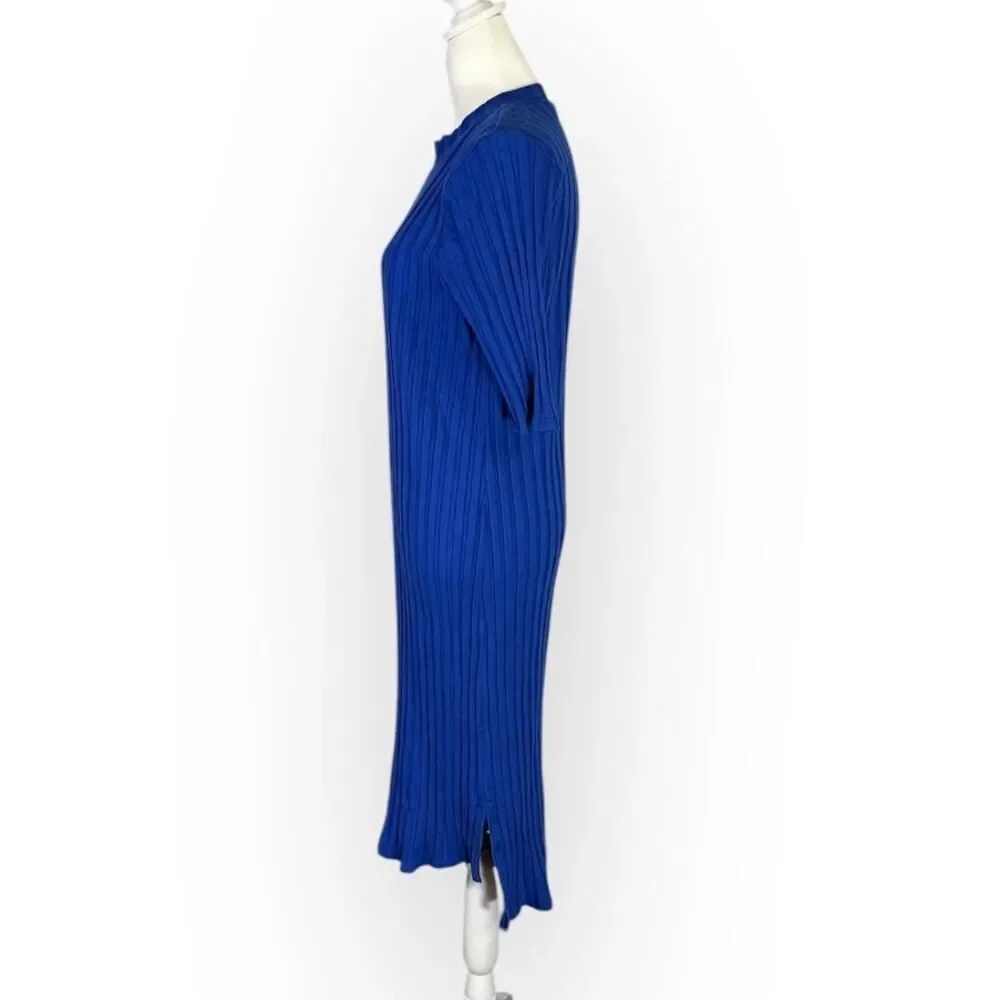 Eileen Fisher High-Low Dress Women's Large Blue Wide Rib Stretch Mock Neck